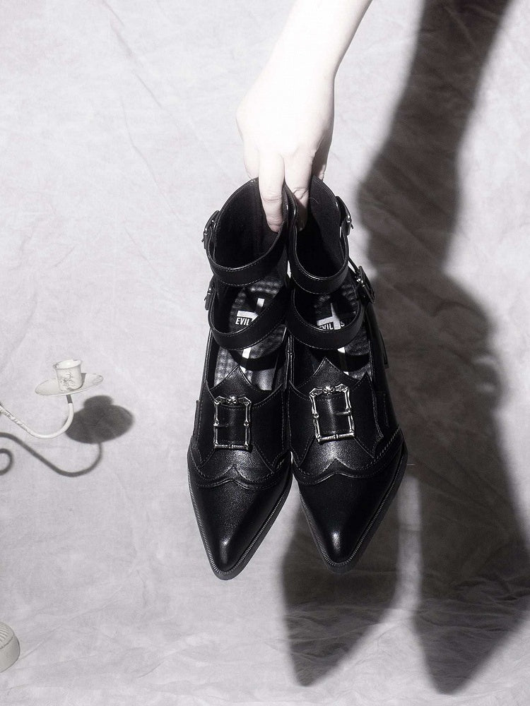 Heeled Pointed-toe Matte Black Bat Wing Details 5cm Bow - Buckle Gothic Shoes