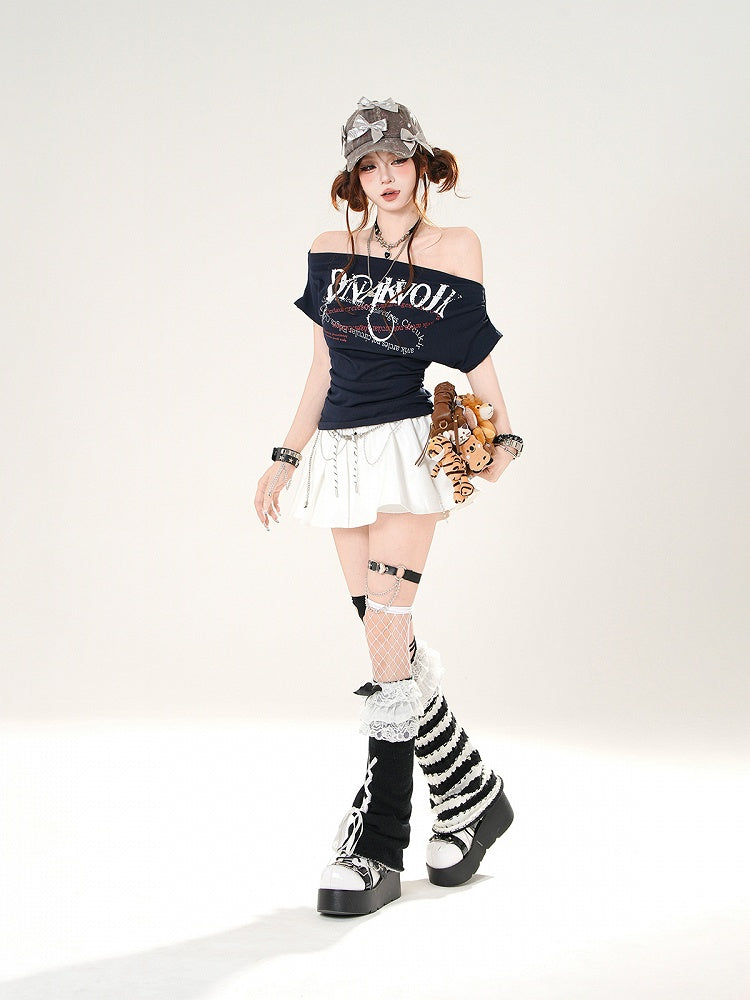 Gray/Navy Off-the-shoulder Blue T-shirt Neckline Letter Slim-fitting Print