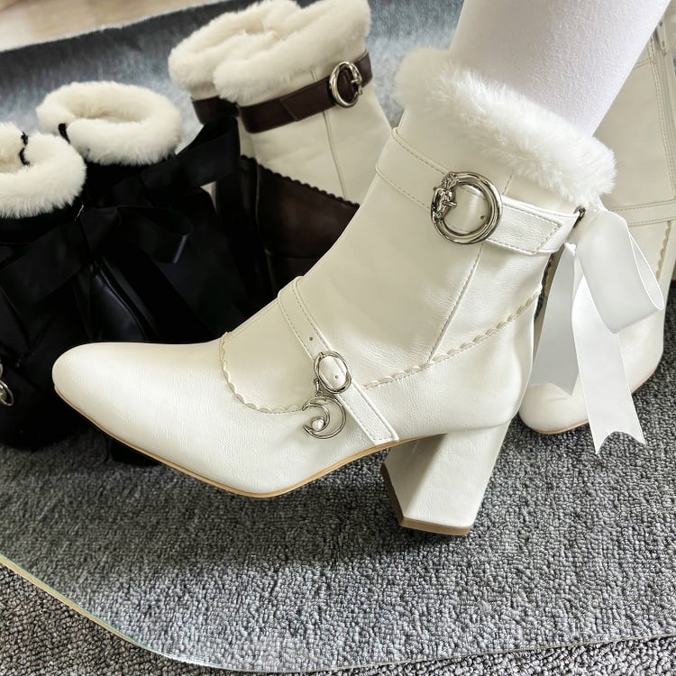 Heel PU Lolita Chunky Elegant Black Boots - Plush Collar