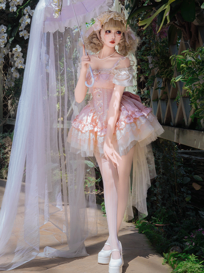 mit JSK Big Bow Fabric Hime Lolita Balletcore Pink Puffy Dress mit baskischer Taille und Jacquard-Schleppe