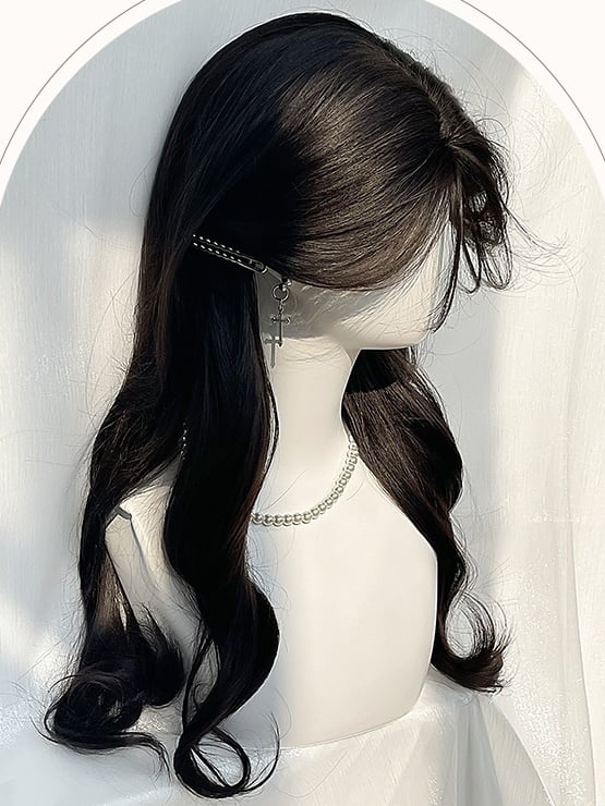 Schwarze lange gewellte Kunsthaarperücke mit Pony