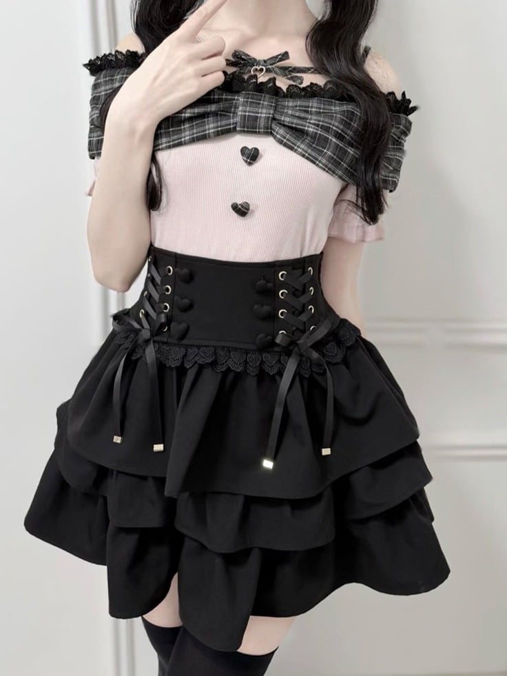 Black & Pink Plaid Lace Off-Shoulder Knit Top - nekura