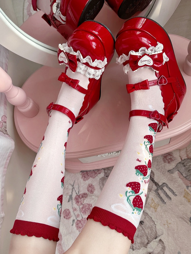 RedPink Calf Socks Pattern Strawberry Lolita Sweet