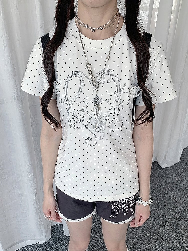 White Polka Dot Round Neck Short Sleeve Tee with Heart and Music Note Rhinestone - Solkatt