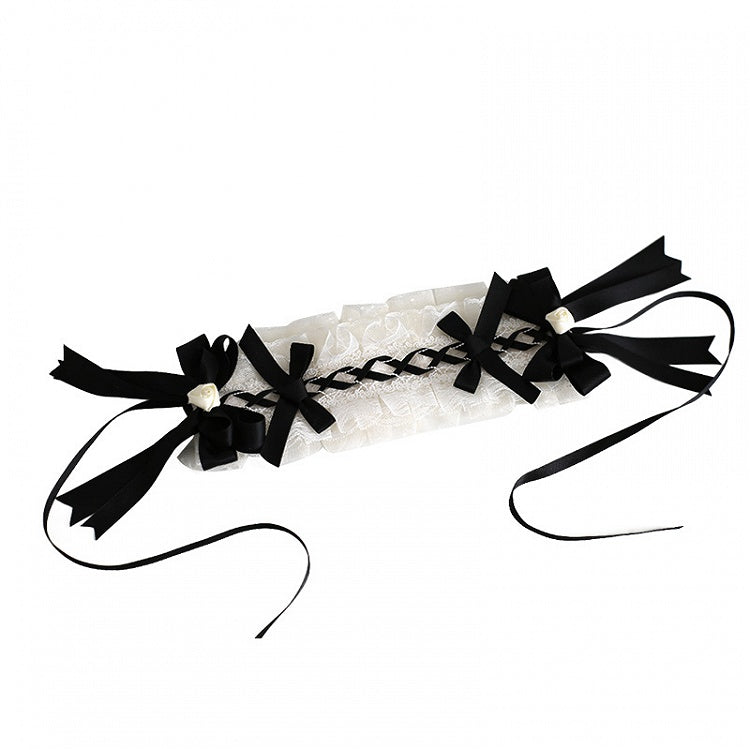 Black and Off White Maid Lolita Ruffle Hairband With Bowknot And Bud Decorations