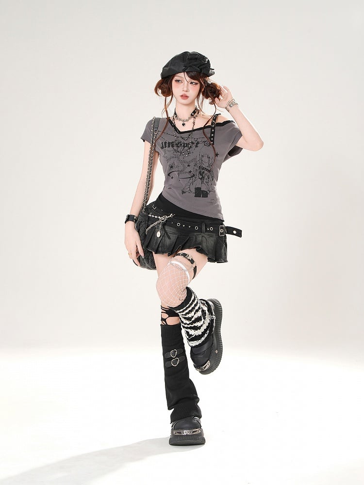 T-shirt Asymmetrical Neckline Slim-fitting Anime Girl Print Gray/White