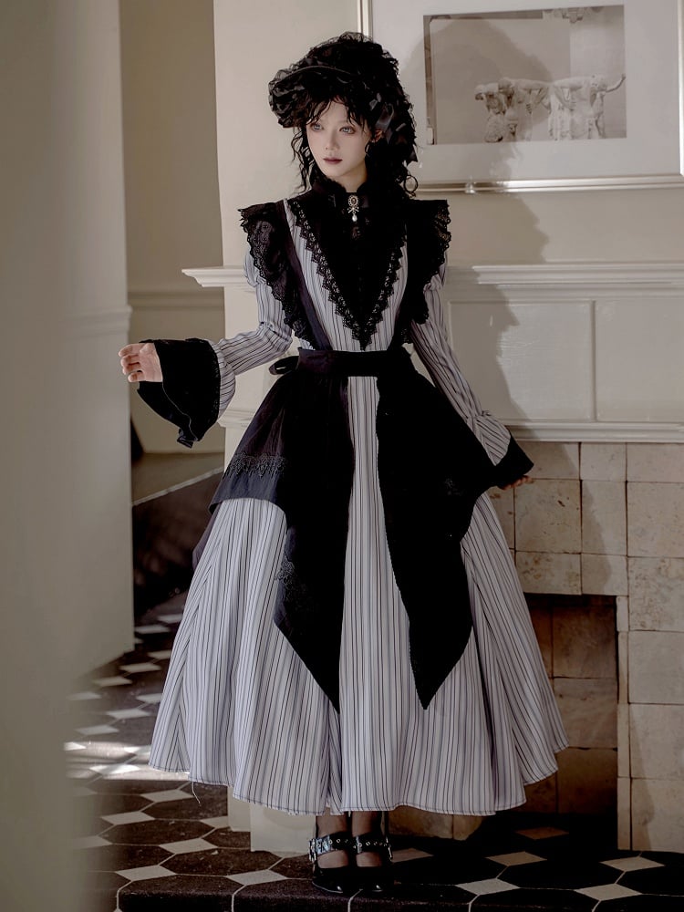 Light Gray Striped Pattern Nun Juliette Sleeves Banded Collar Gothic Lolita Dress Long Version