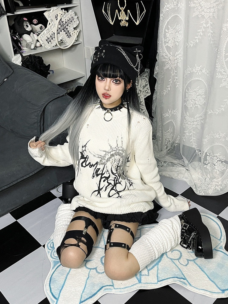 White Centipede Print Distressed Sweater - Alita26SS