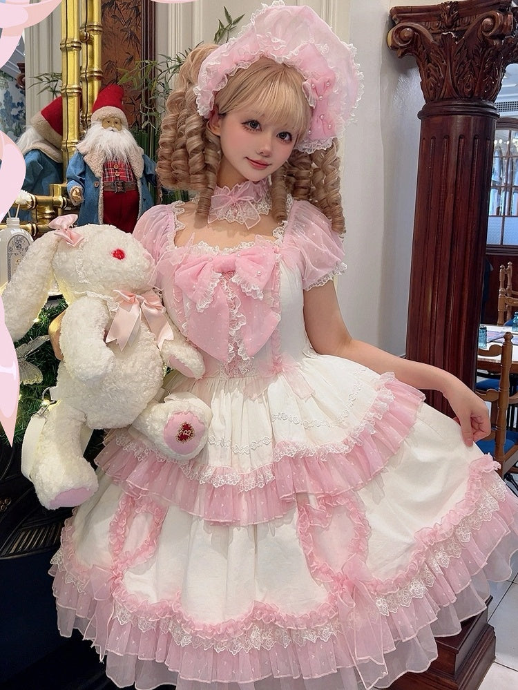 Pink and White Big Bowknot Bodice Princess Puff Sleeves Sweet Lolita Dress