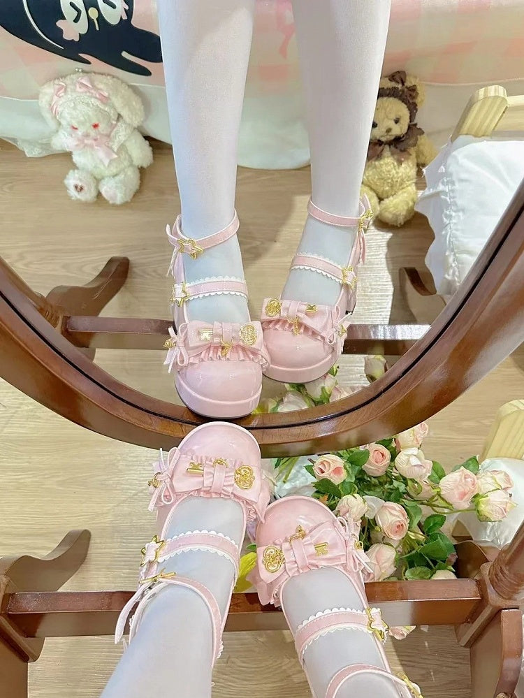 Star Hime Mary with Key Lolita Bow Shoes Fastener Decor Pink Top Jane