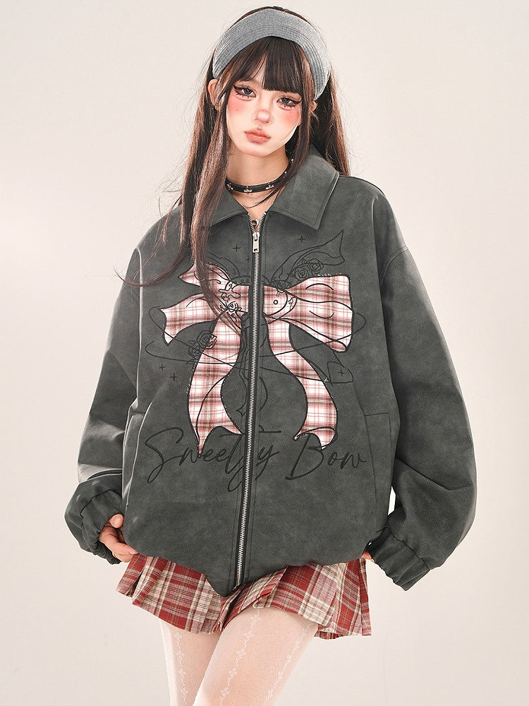 Black Plaid Bowknot Zip Placket Jacket
