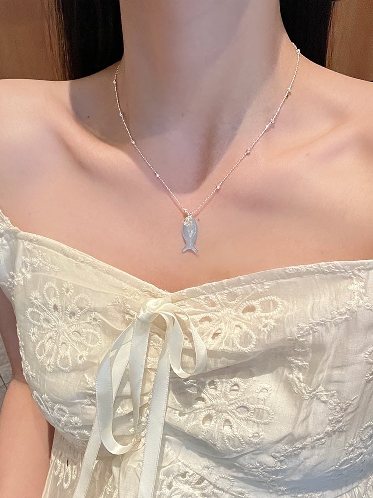 ペンダントネックレス ブルー/ホワイト Y2K ハート ビタースイート ラインストーン フィッシュアンド