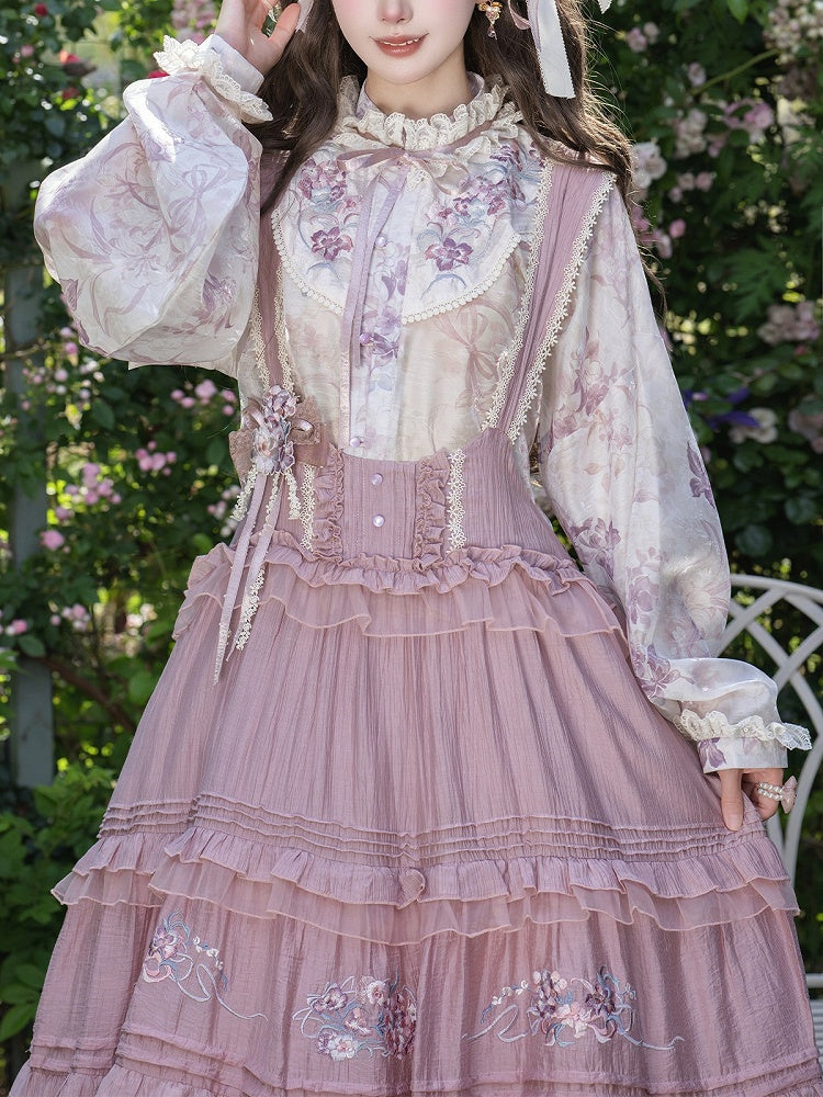 Sweet Purple Lolita JSK with Floral Embroidery & Ruffle Lace Trim - Luo Xiu Dong Xiang