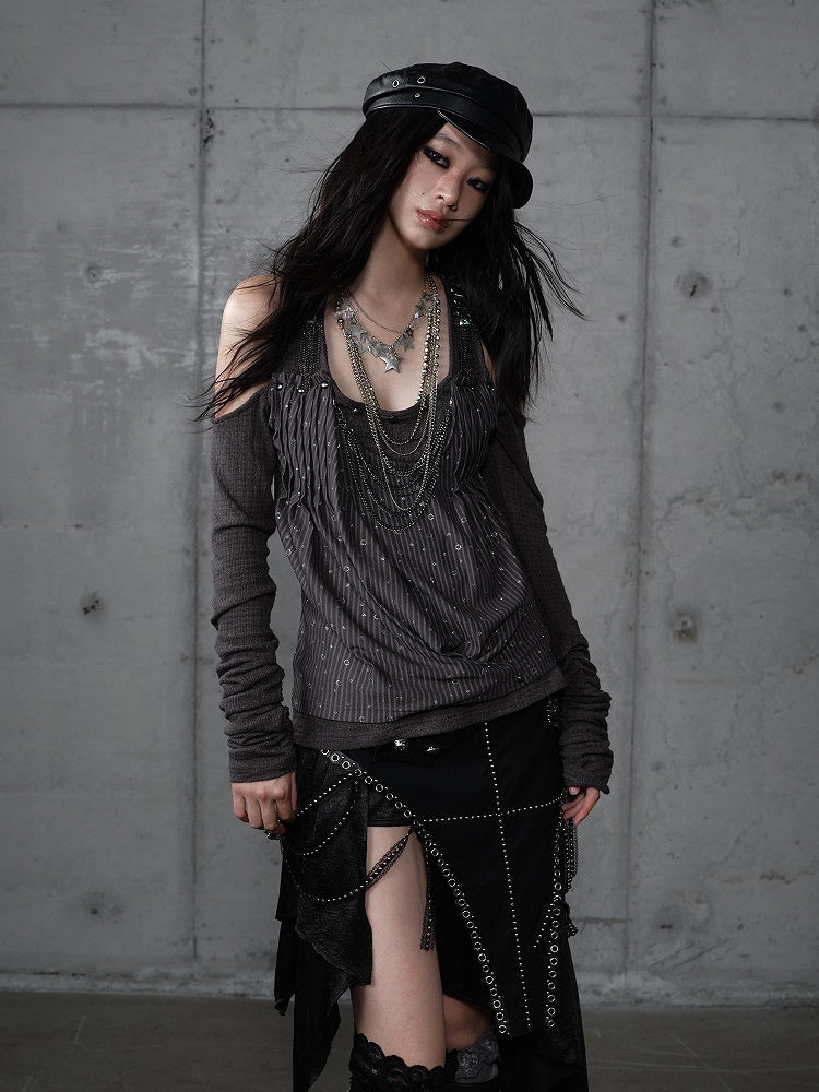 Knit Accents Cutout Gray Layered Shoulder Sequin Top Studded Dark with