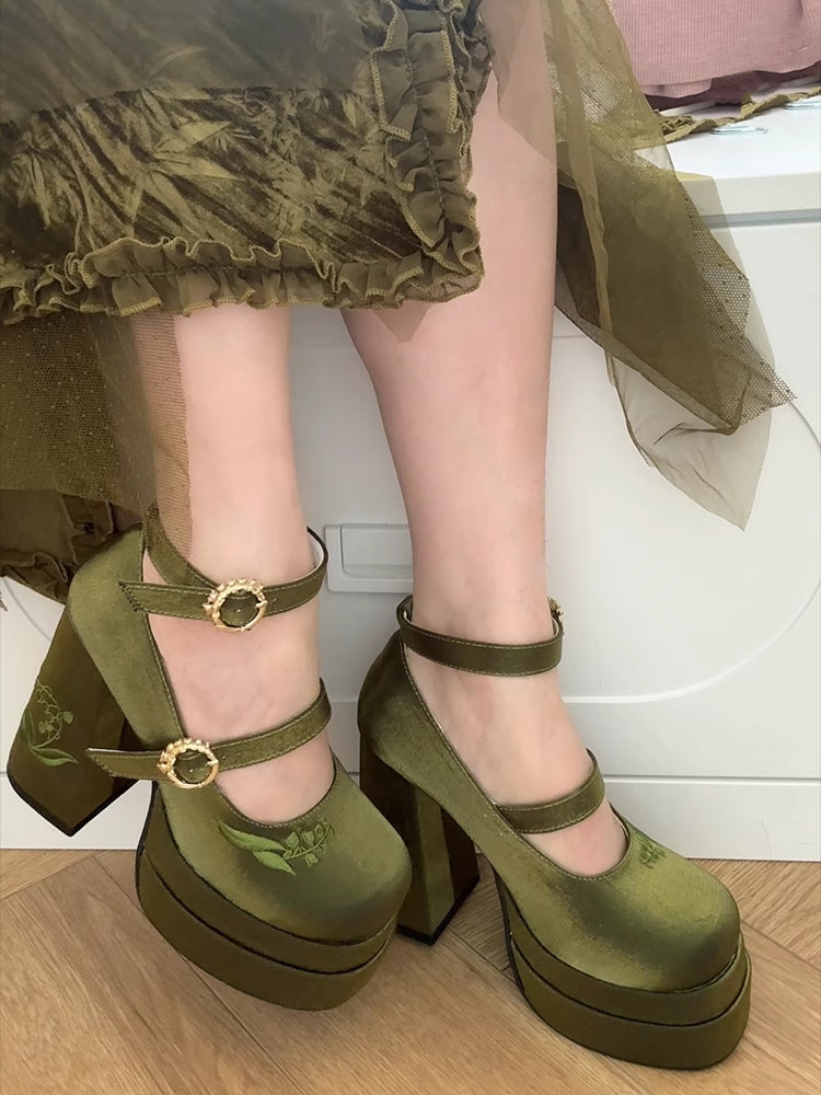 of Valley the Platform Janes Embroidery Lily Bowknot Detachable Green Heel Mary High Block