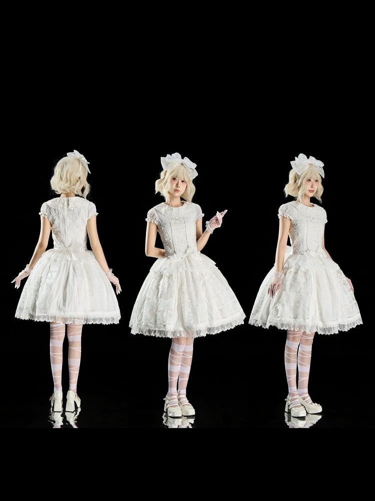 Elegant Ivory Floral Lace Applique Short OP Dress with Sash - Sleepless Unanswered