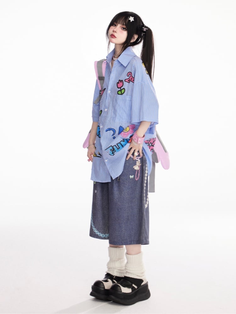 ヴィンテージ刺繍ブルーストライプシャツ 半袖