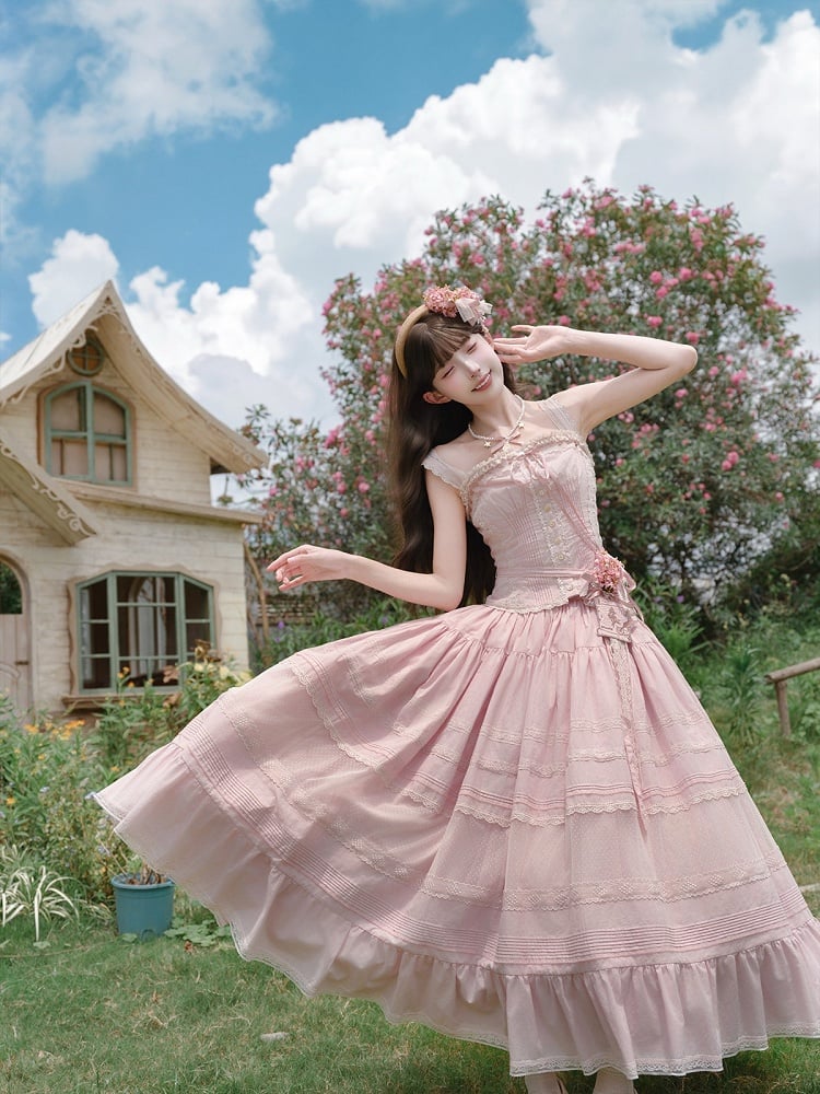 Pink Sweet Button Top with Lace Skirt Set - Penny House