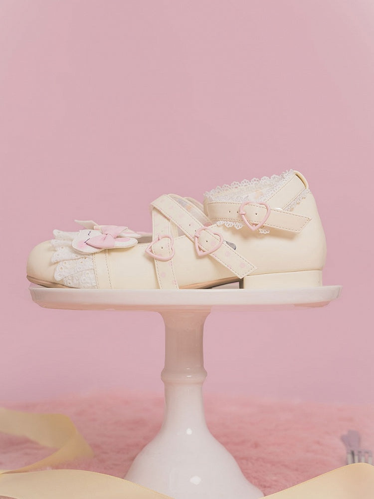 Lolita Lace Trim Bowknot Crisscross Shoes Design Applique Details Yellow Polka-dot Pattern Bunny Sweet