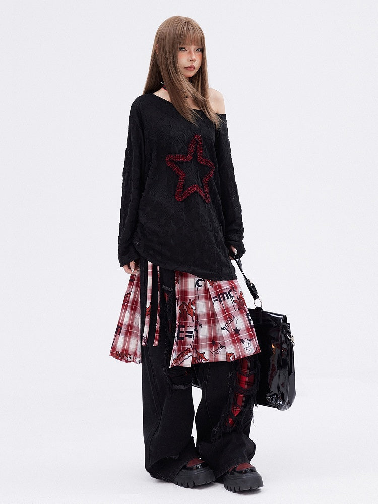 Schwarzes T-Shirt mit langen Ärmeln und Kordelzug und Stern