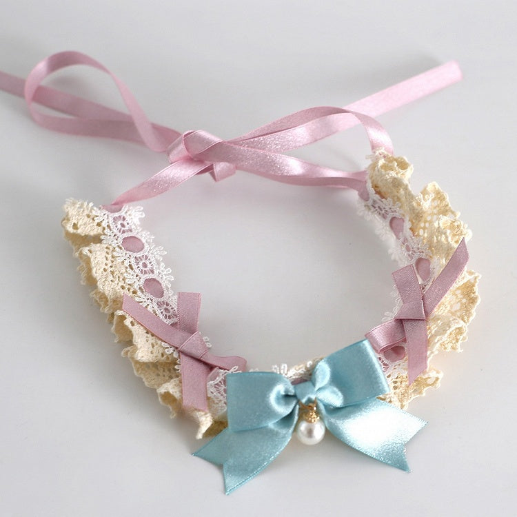 Ruffled Details PinkBlue Choker Pendant Sweet Beaded Bowknot Lolita
