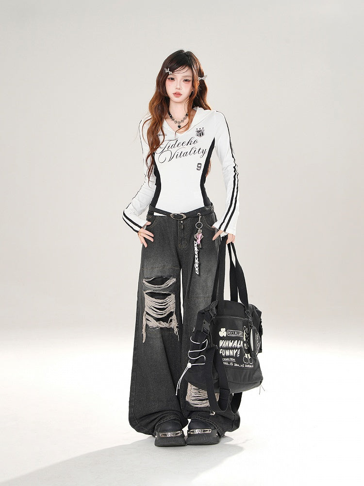 Sailor Block Graphic Top Collar Long Sleeve Prints White/Black with Color and