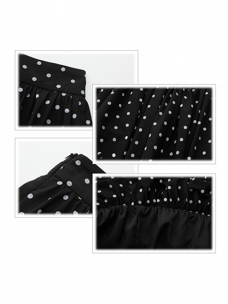 White Below-Knee Zipper with Side Plus Dots Skirt Black Size Polka