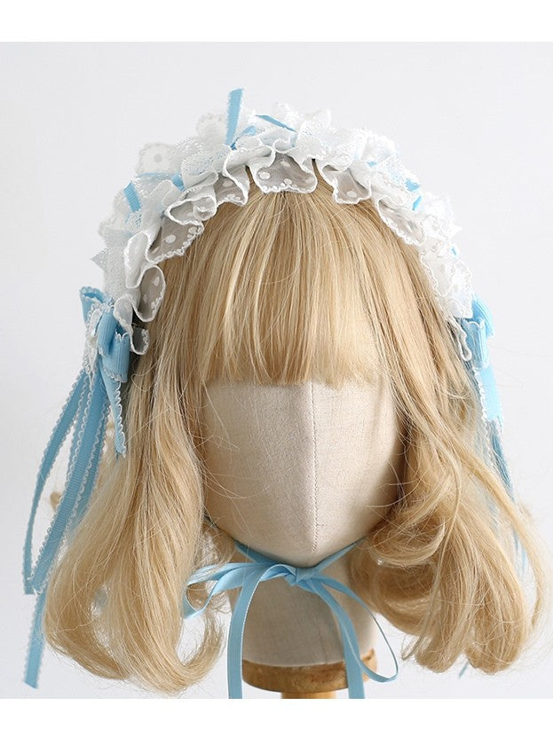 WhiteBlue Bowknot Decorated Clips Trim Details Beaded With Ruffled Hairband Sweet Lolita