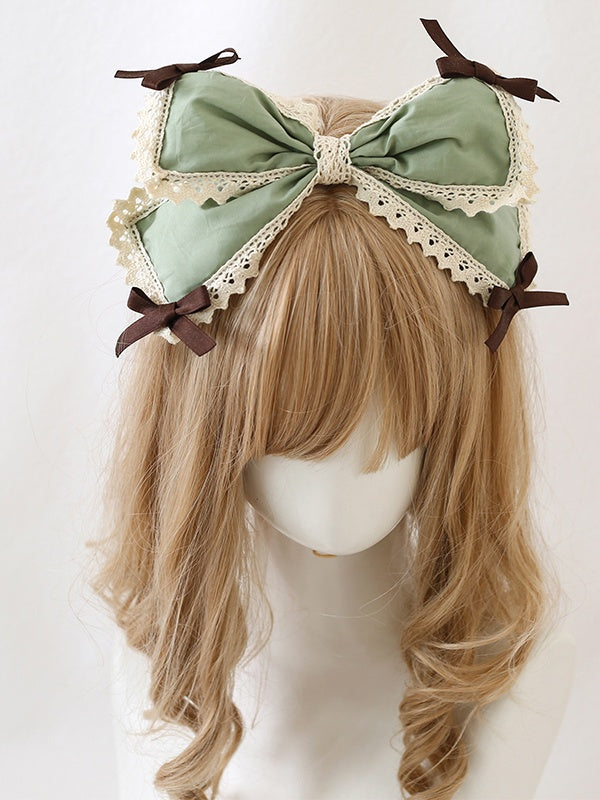 Hairclip Brown Lace Blue - Dusty Sweet Oversized Bowknot / Green Lolita trimmed