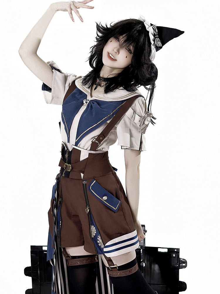 Train Shirt Blue Sailor Overall + Collar Shorts Ouji Steampunk Striped Brown Outfit Lolita -