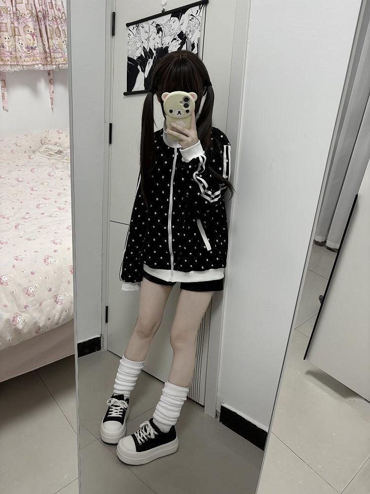 Cat Detail Black Themed Patches with Jacket Zip-up Dot Polka Stripe