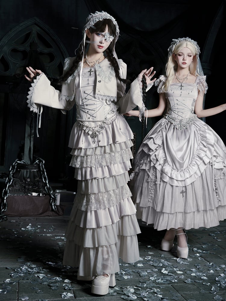 Veil Necklace Set - Silver Mermaid + Full Lolita Skirt Chain Tiered Top Waist Gothic Corset Head