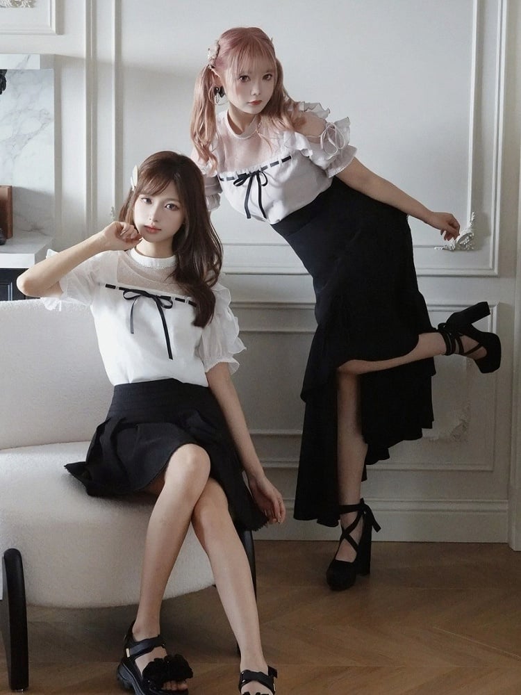 Plus Size White Seiso-kei Cutout Shoulder Blouse with Tulle Panel and Ruffle Accents - Smyster