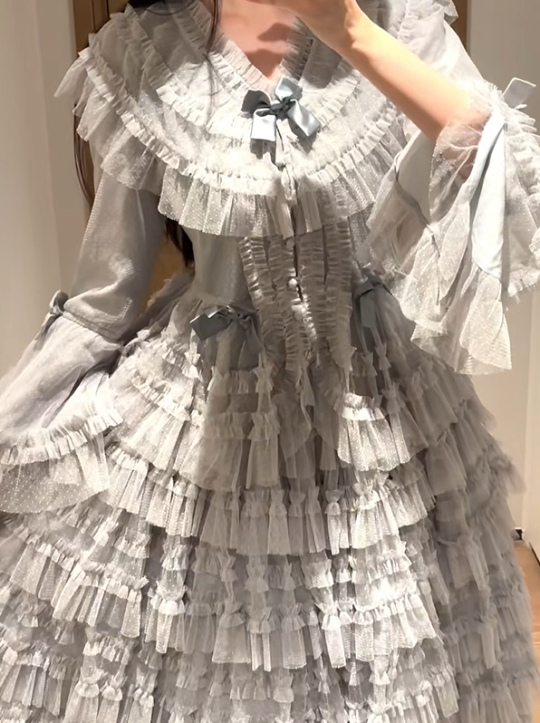Elegant Bell Blouse Vest Belt Dotted + Sleeves Mesh Lolita Multi-layered Cotton Set Classic Waist - Skirt Tulle Gray