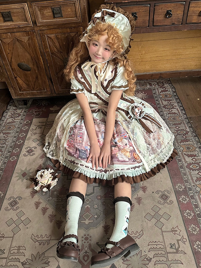 Print Lolita Coffee Overlay Green Puppy's Sweet House Detachable with Dress