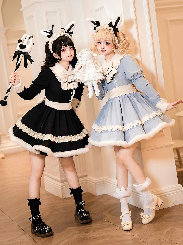 Plush Collar and Cuffs Black Sweet Lolita Dress with Removable Bunny Ears and Tail Back
