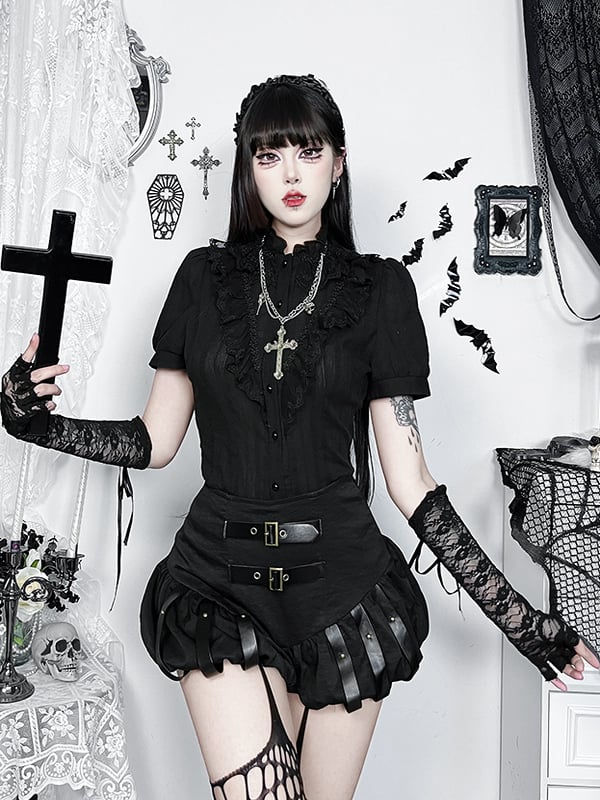 Metal PU Black Halloween Zipper Skirt with Straps Adjustable Buckle Studded Side Gothic