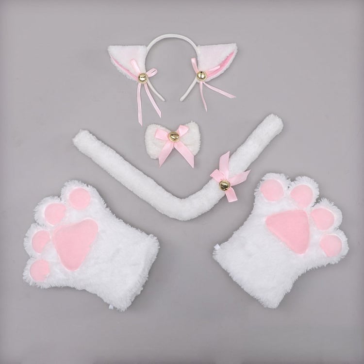 - KC Lolita Tie Bow of Cute Paw White A Gloves Kitten Tail + Pair Set