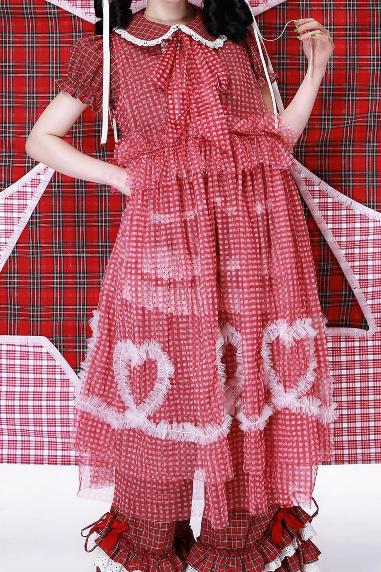 チェックメッシュスカート ハート レトロ