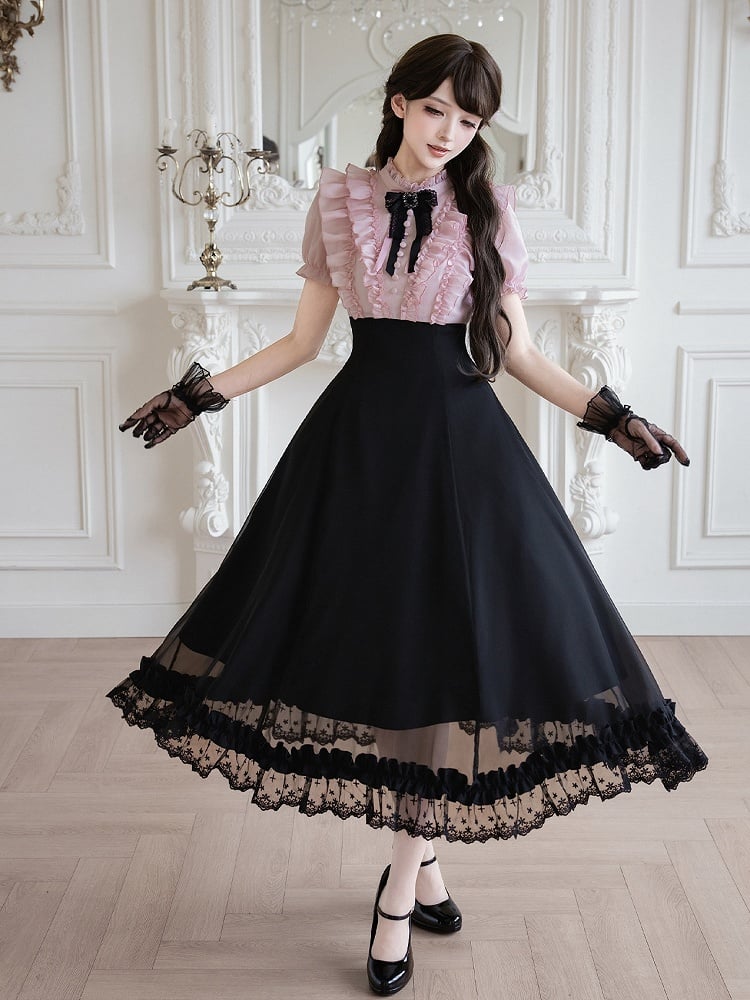 Pink Ruffled Blouse & Black Long Skirt Fake Two Pieces Lolita Dress - With PUJI