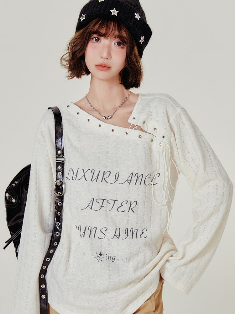 Retro Asymmetrical Neckline Design Apricot Long Sleeve T-Shirt - Girlyhalo