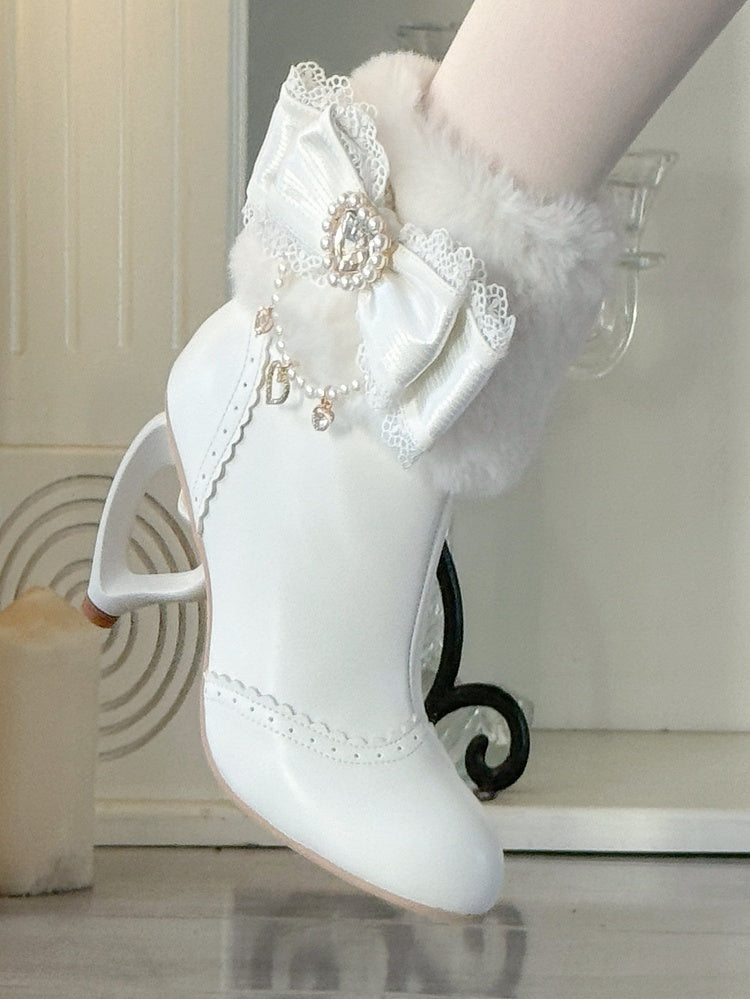 Rhinestone Cuff Bow Decor Boots - Heel and Sweet Beads Heart Off-white Winter Lolita Plush Design