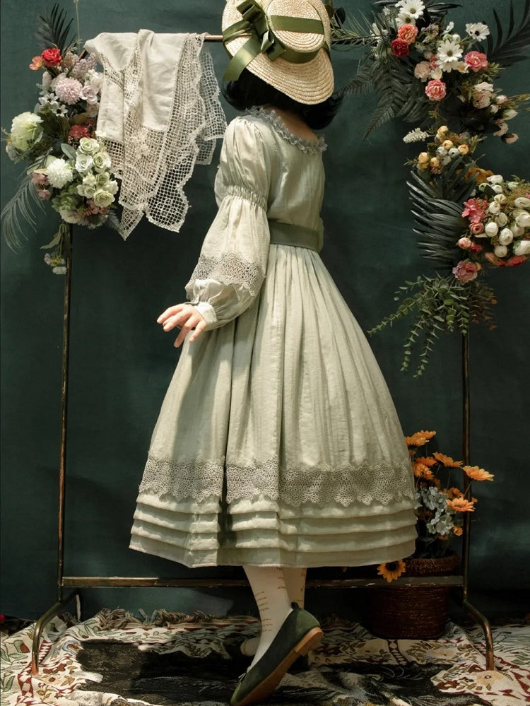 Green Square Neck Classic Lolita Long Sleeve OP