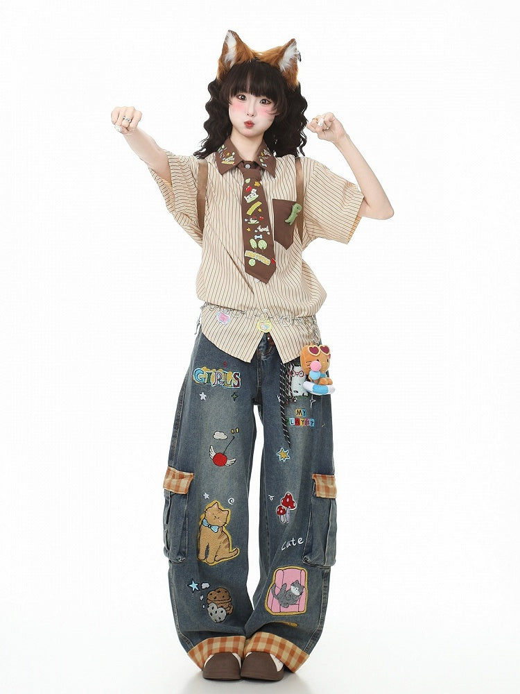 Apricot Striped Puppy Embroidered Tie Shirt - Languid Park