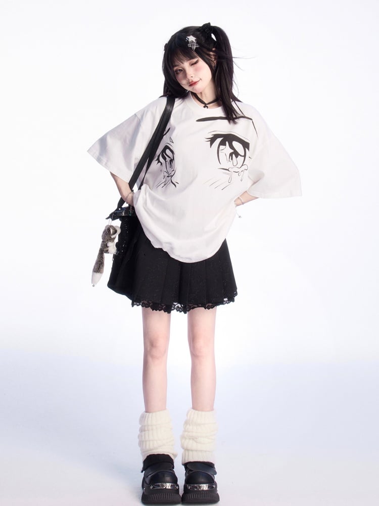 ホワイトラウンドネックアイプリントルーズTシャツ