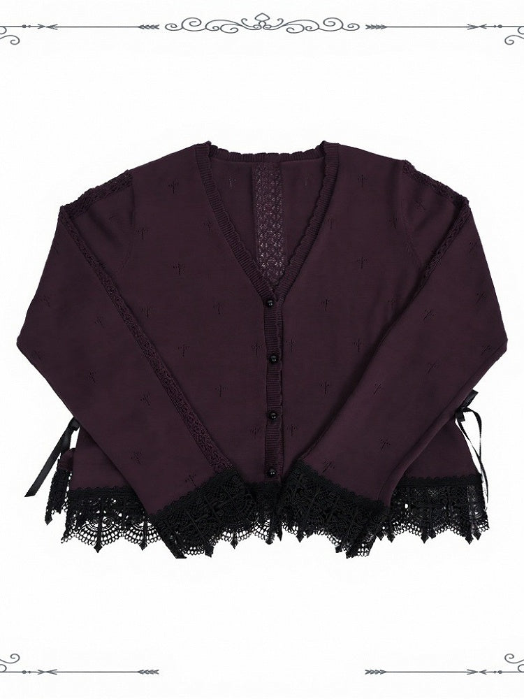 Scalloped Eyelet Trim Cardigan in Black and Purple - iris de nuit