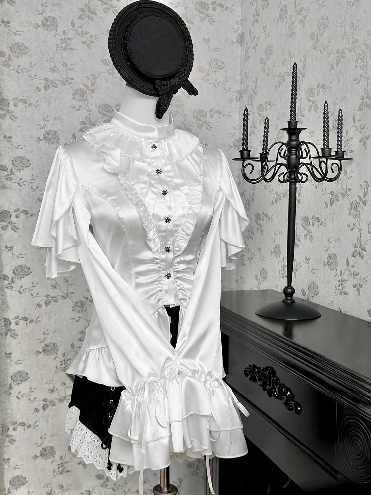 Blouse Ouji Lolita White Shoulder Aristocrat with Cascading Panels Ruffle