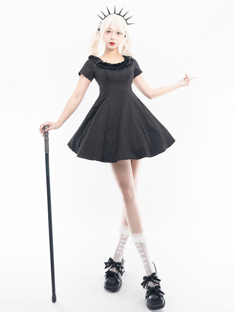 Black Striped Pattern Lolita Dress + Waistcoat + Cropped Top Full Set
