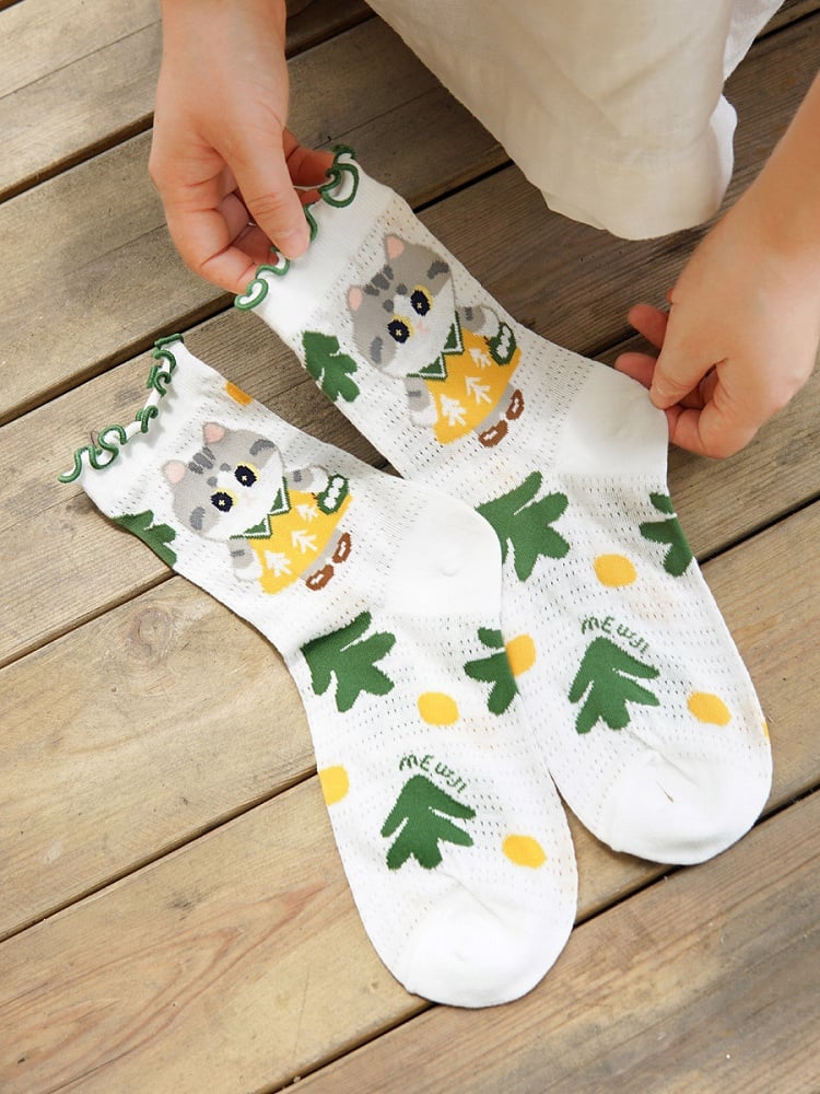 Cartoon Socks Set Kitty Print Cute
