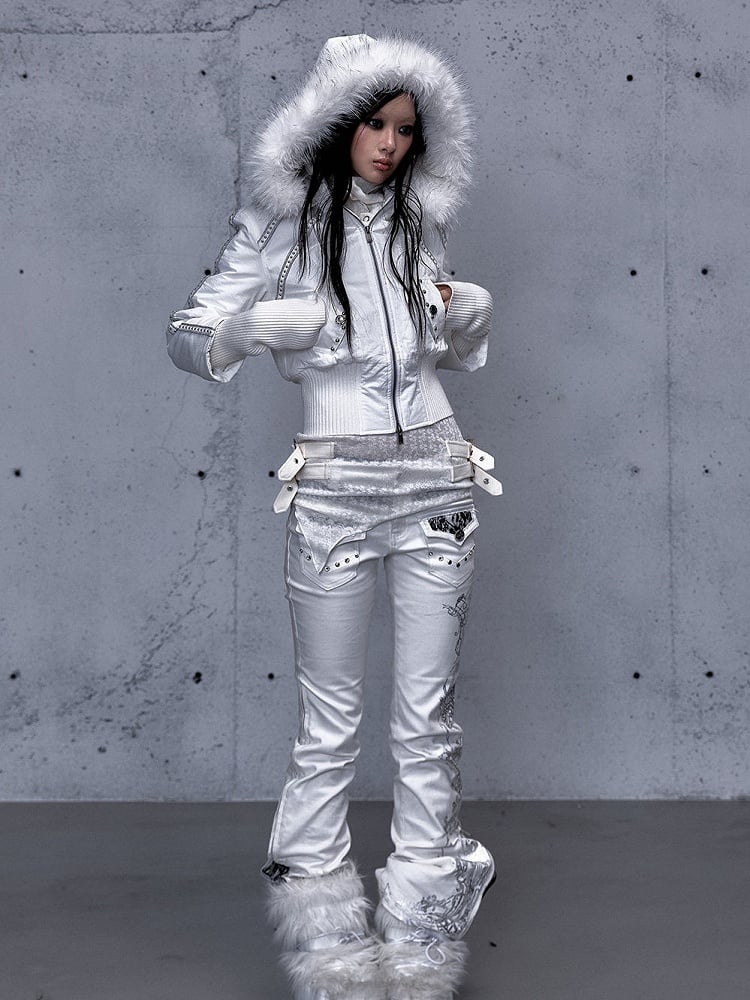 Hoodie Placket Two-Way Wasteland White Knitted Jacket Sleeves with Zip Punk